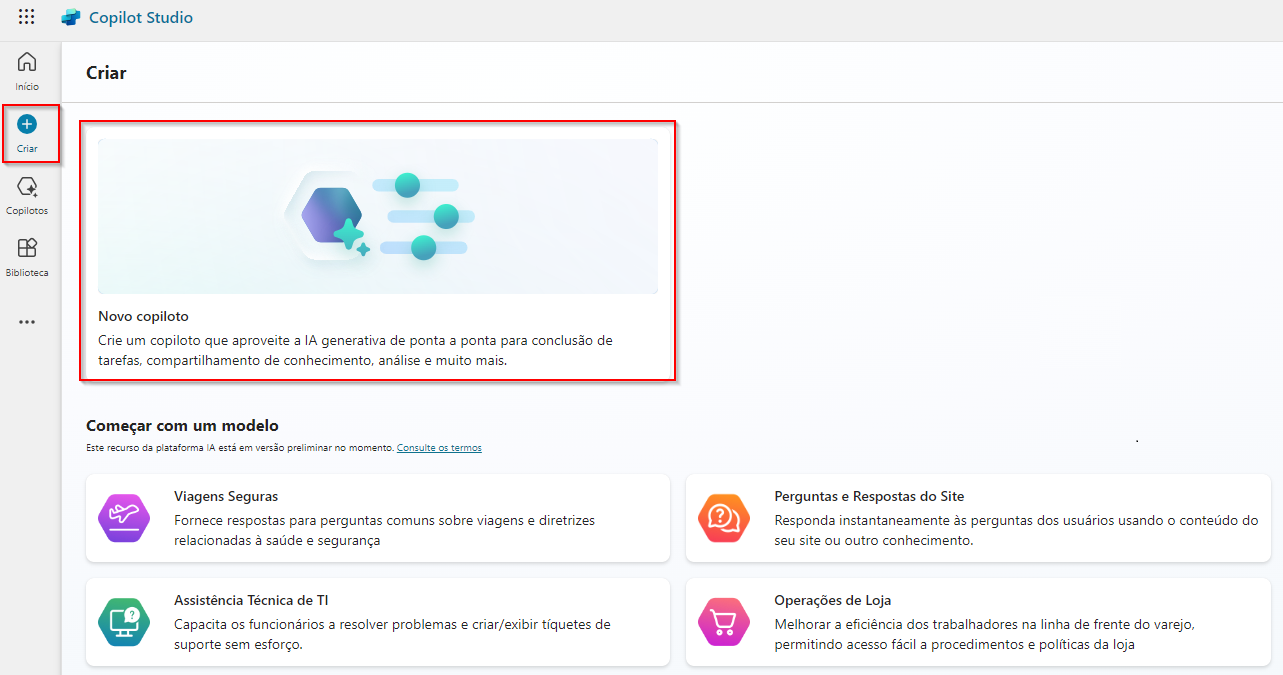 Captura de tela de Criar no portal do Copilot Studio.