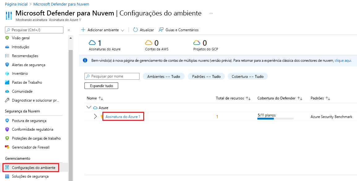 Captura de tela que mostra as configurações de ambiente do Defender para Nuvem.