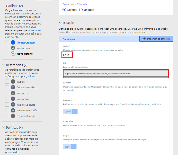 Captura de tela da experiência de design do criador de conectores personalizados. Um novo gatilho está sendo definido e o verbo HTTP POST e a URL são realçados como as partes principais da definição do gatilho.