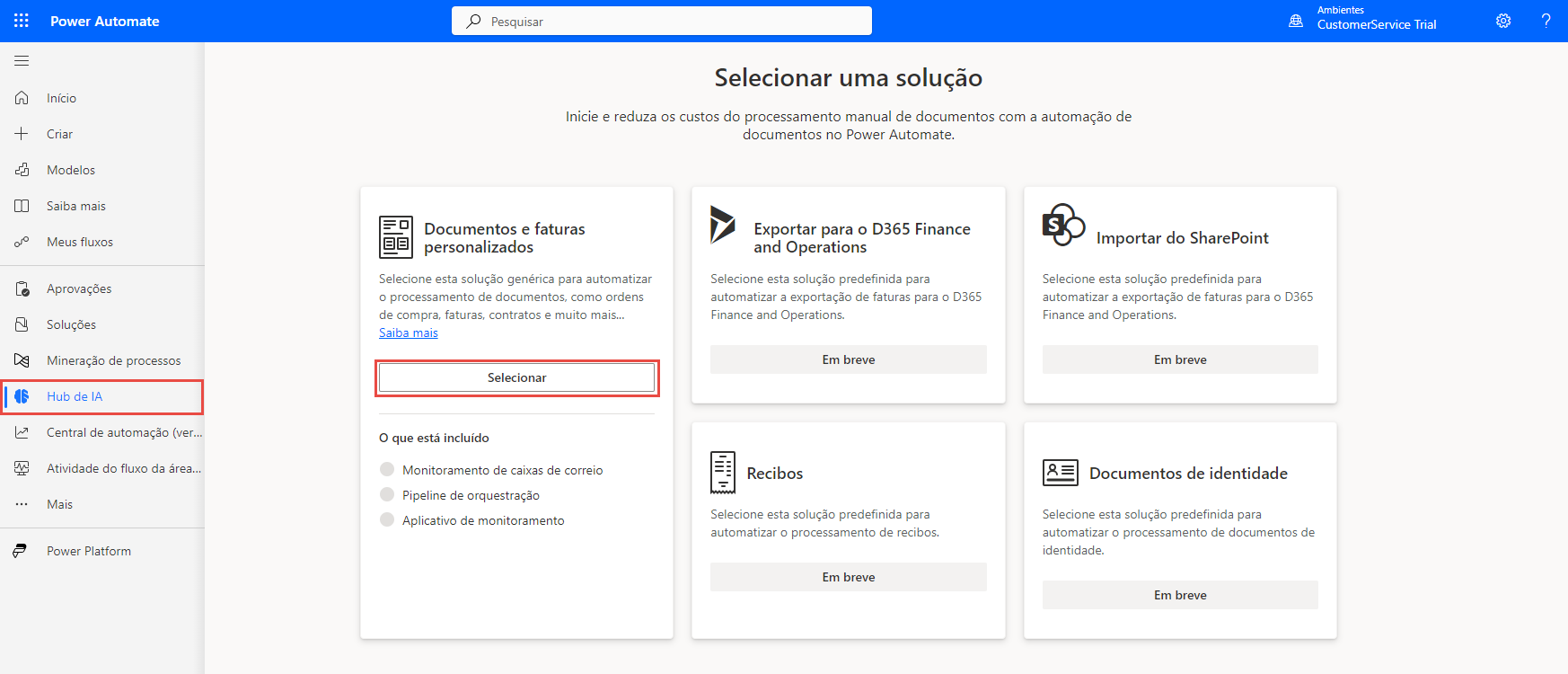 A página Selecionar uma solução mostra documentos personalizados, com faturas e recibos marcados como