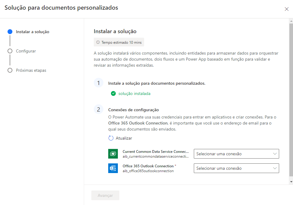 Assistente de solução de documentos personalizados mostrando a mensagem
