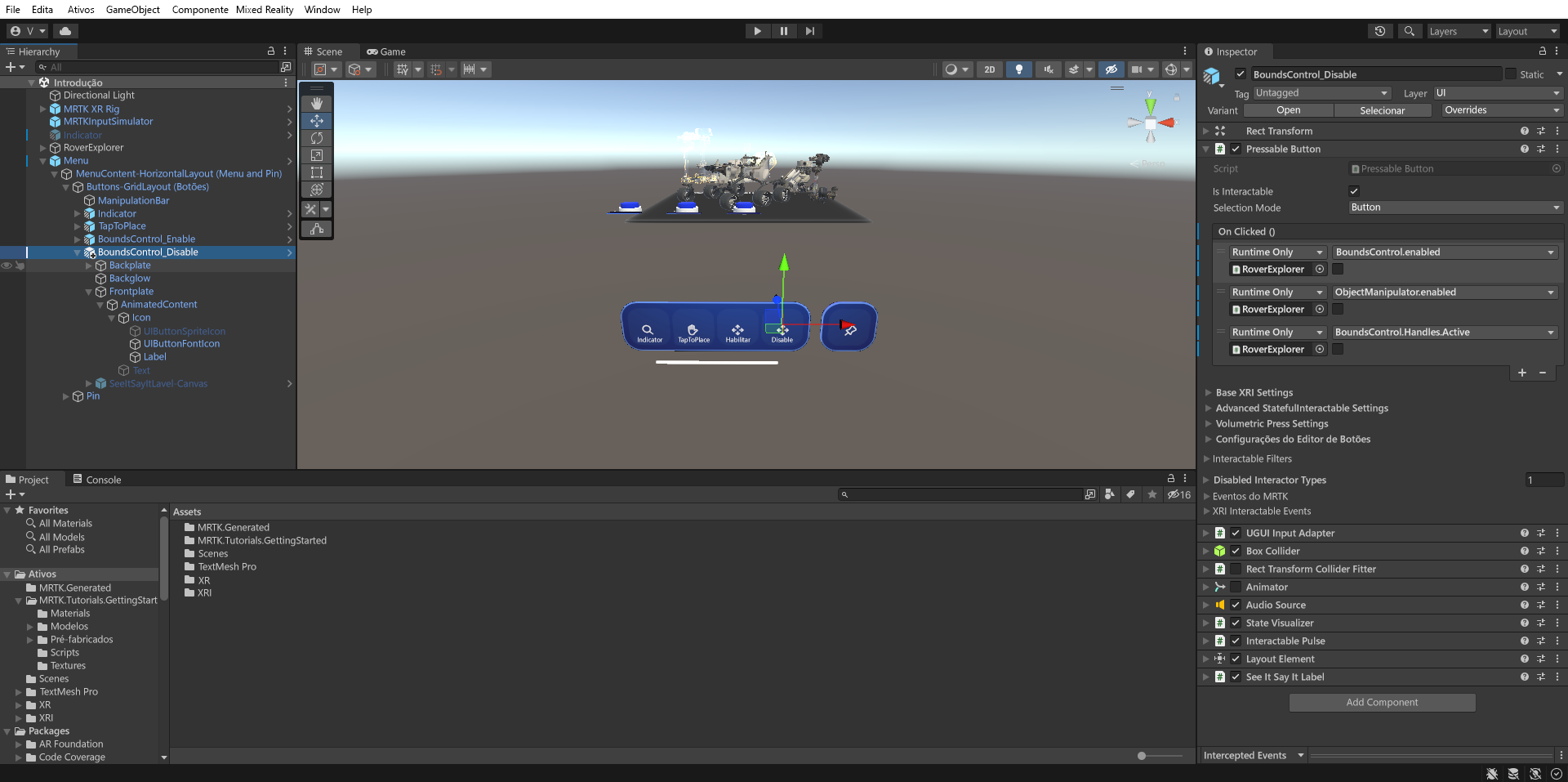 Captura de tela do Unity com o objeto de botão BoundsControl_Disable selecionado e o componente Auxiliar de Configuração de Botão configurado.