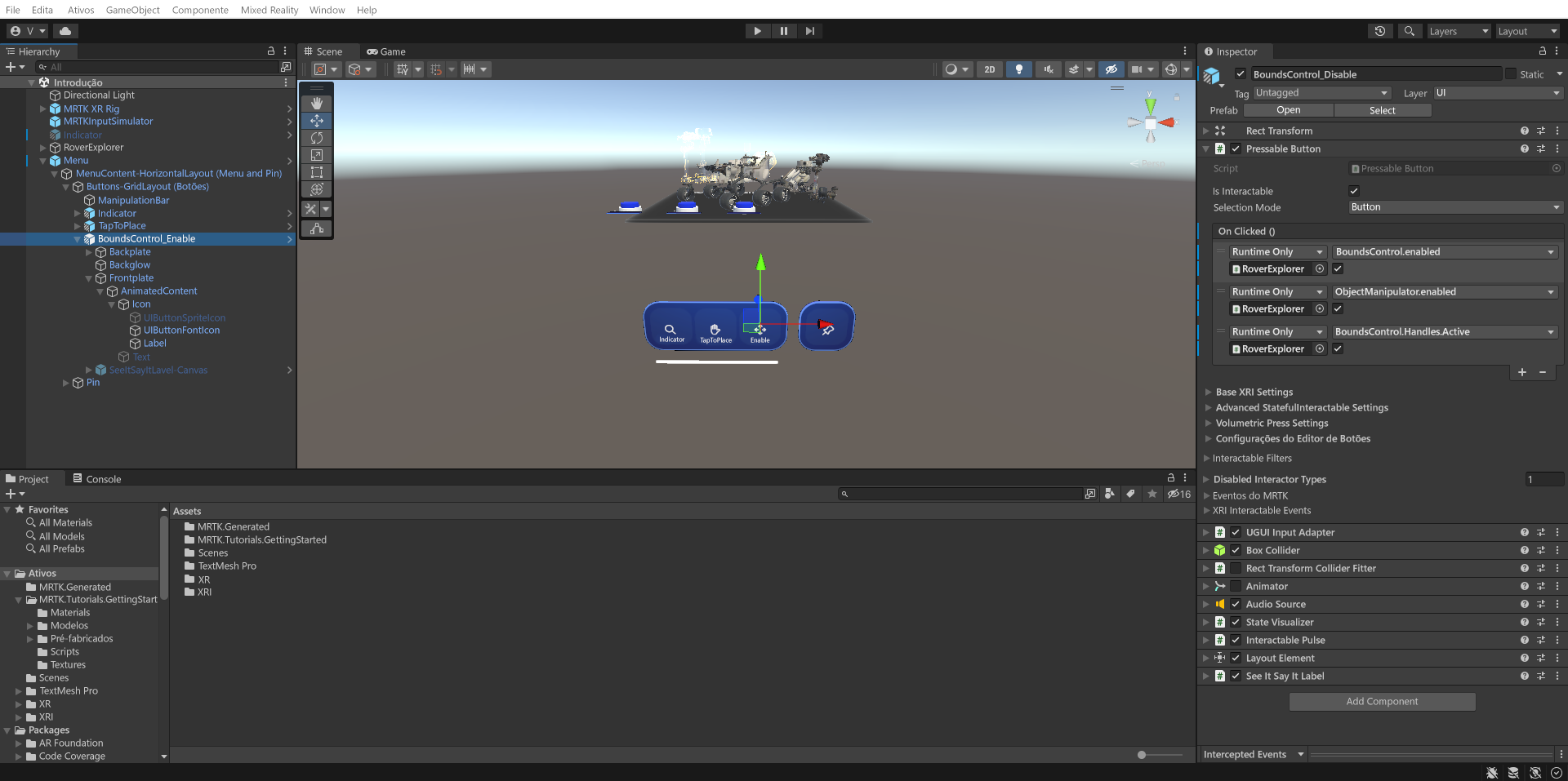 Captura de tela do Unity com BoundsControl_Enable objeto de botão selecionado e o componente Auxiliar de Configuração de Botão configurado.