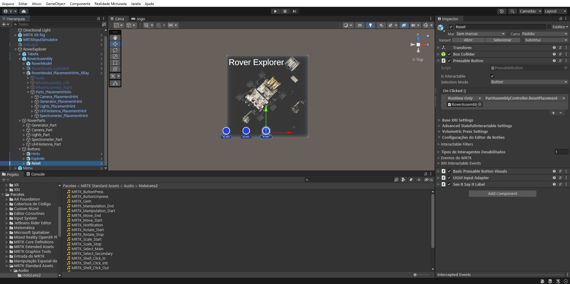 Captura de tela do Unity com o evento OnClick do objeto de botão Redefinir configurado.