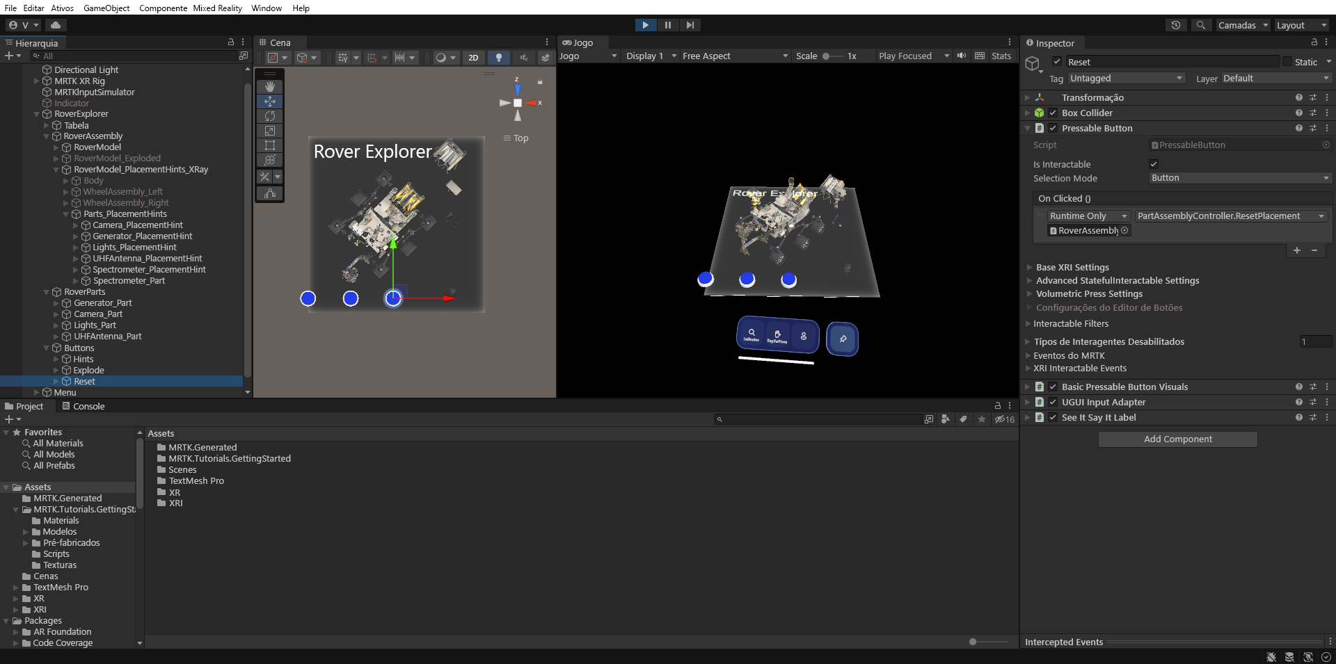 Captura de tela da exibição dividida do modo de reprodução do Unity com o botão Redefinir sendo pressionado.