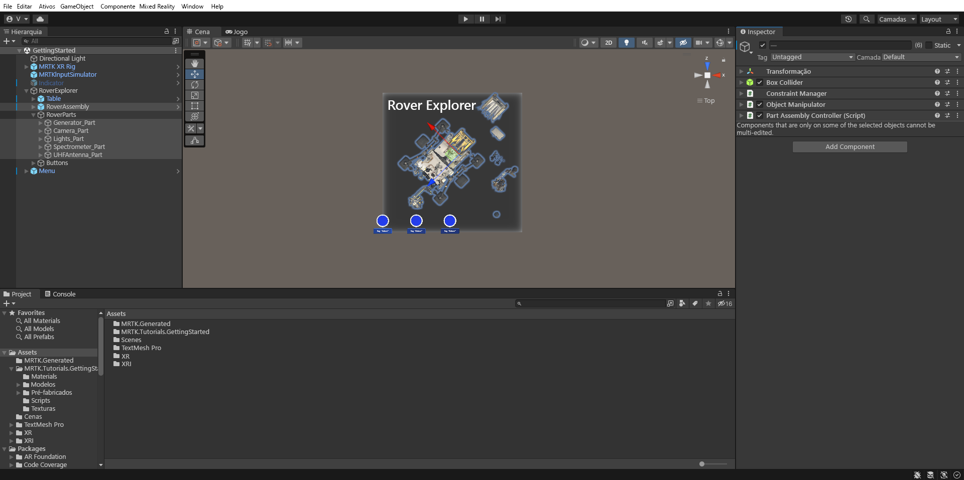 Captura de tela do RoverAssembly com todos os objetos de parte do rover selecionados e componentes adicionados.