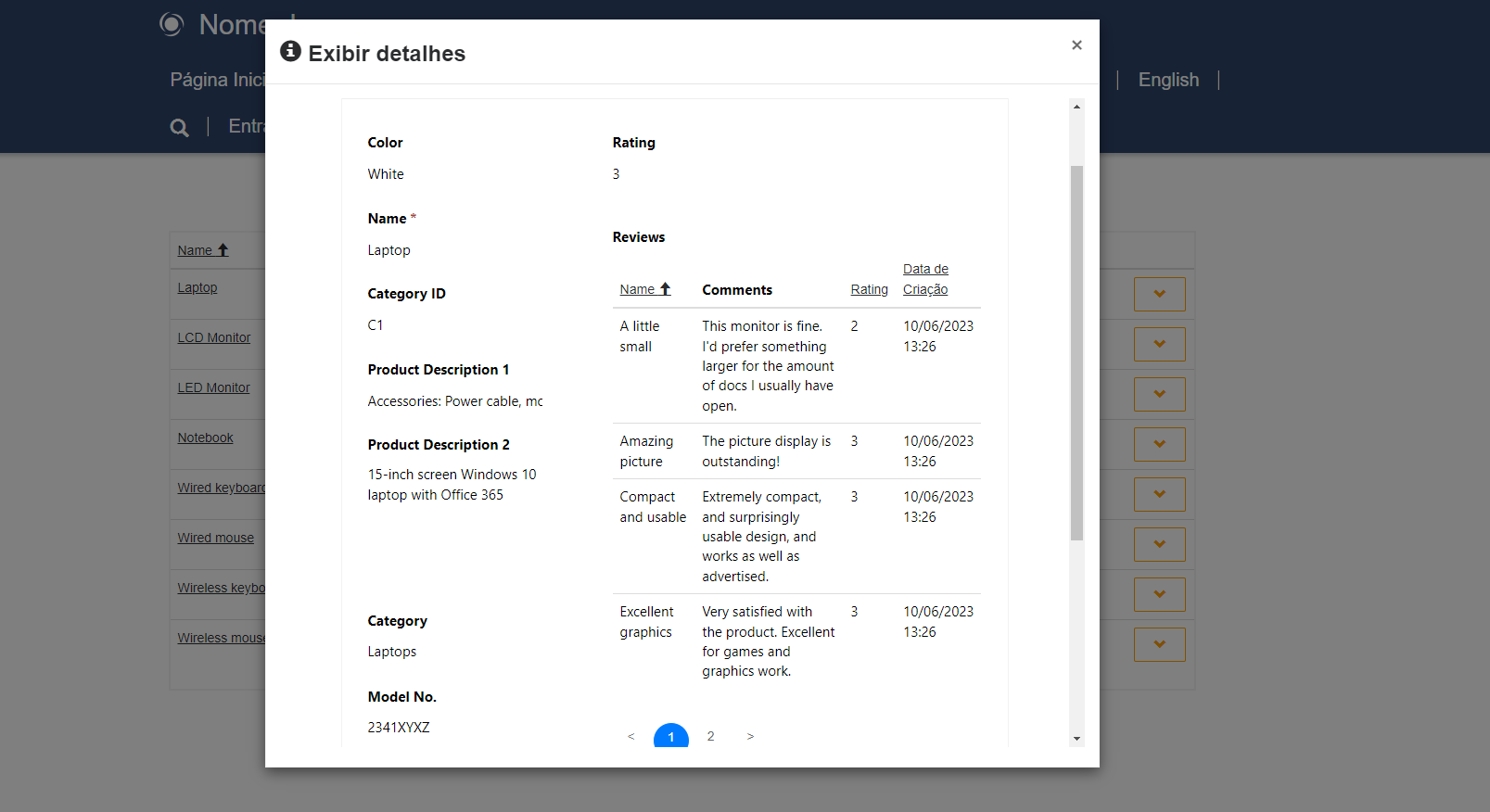 Captura de tela do formulário somente leitura com subgrade.