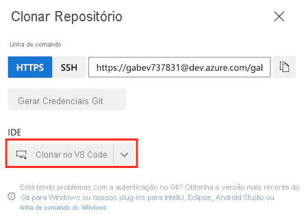 Captura de tela do Azure DevOps que mostra as configurações do repositório. O botão para clonagem no Visual Studio Code está realçado.