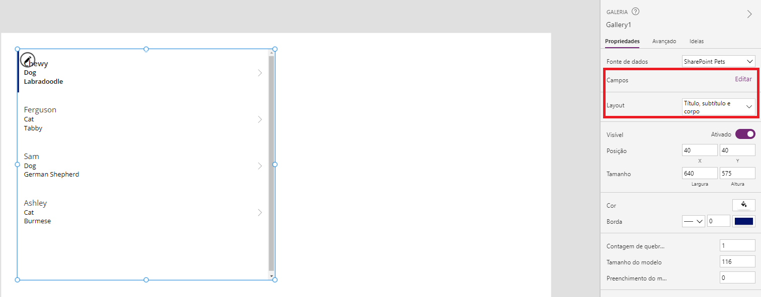 Captura de tela da galeria e do menu de propriedades com Título, subtítulo e corpo exibidos.