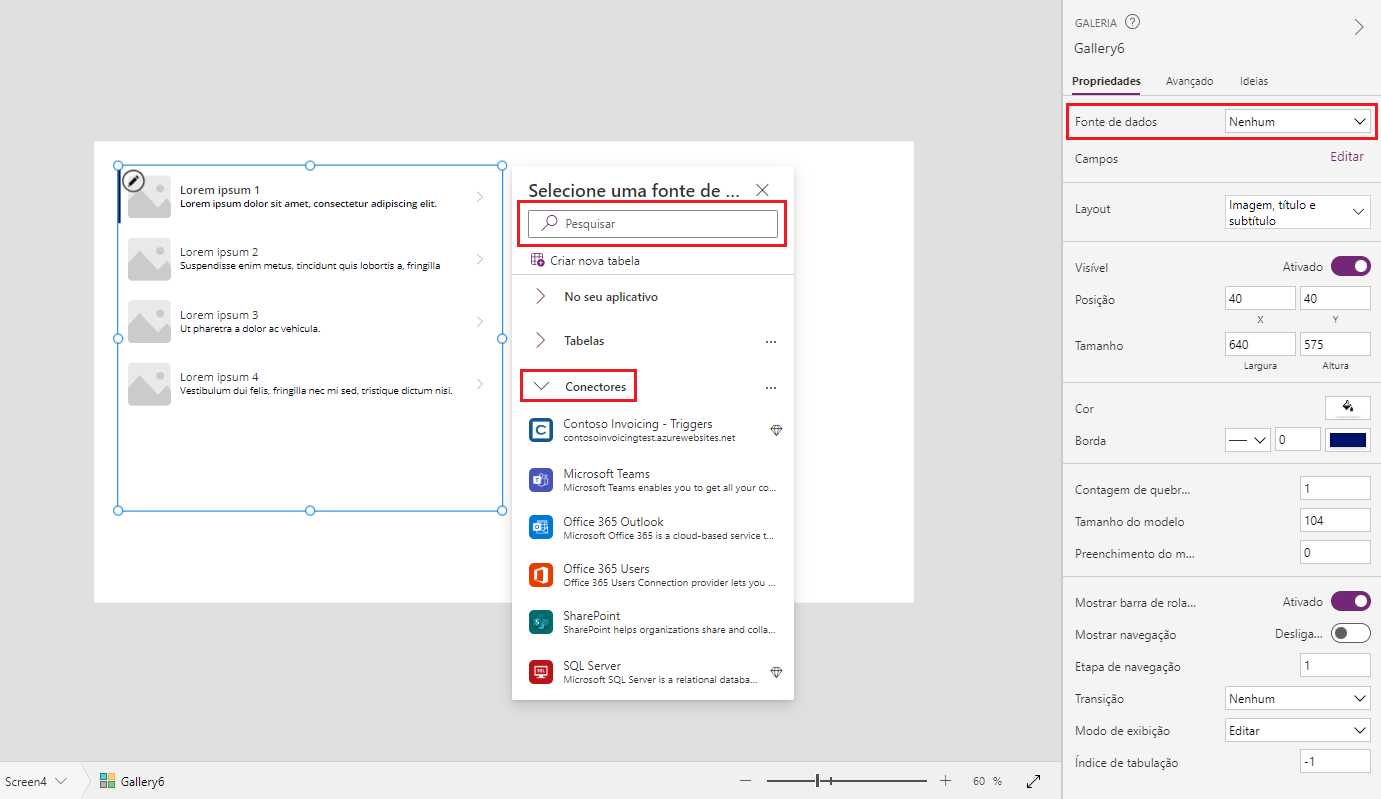 Captura de tela da adição de uma fonte de dados a uma galeria.