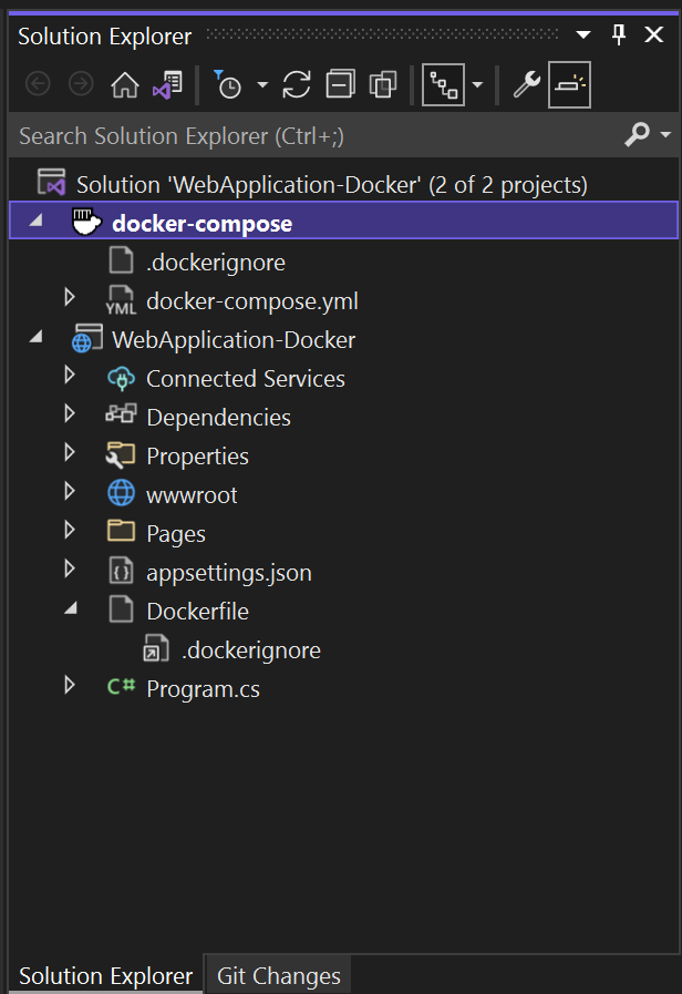 captura de tela dos arquivos do Docker no Gerenciador de Soluções no Visual Studio.