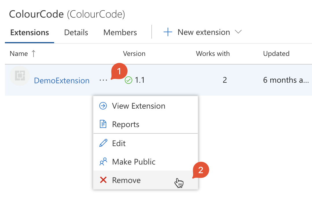 Captura de tela que mostra a opção de menu Remover.