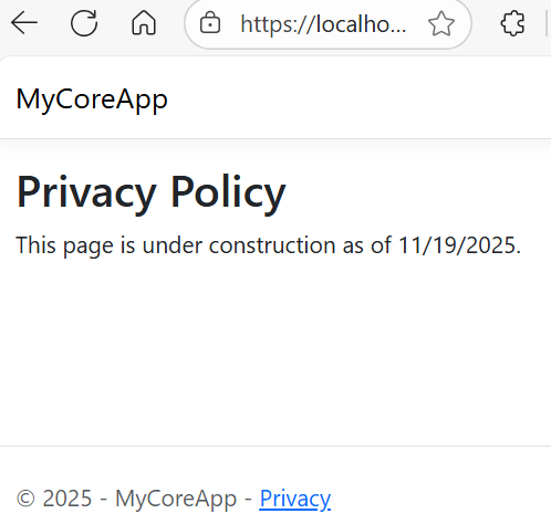 Captura de tela mostrando a página Privacidade do MyCoreApp que inclui as alterações feitas para adicionar a data.