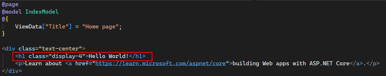 Captura de tela mostra o arquivo Index.cshtml no editor do Visual Studio Code com o texto 'Bem-vindo' alterado para 'Olá, Mundo!'.