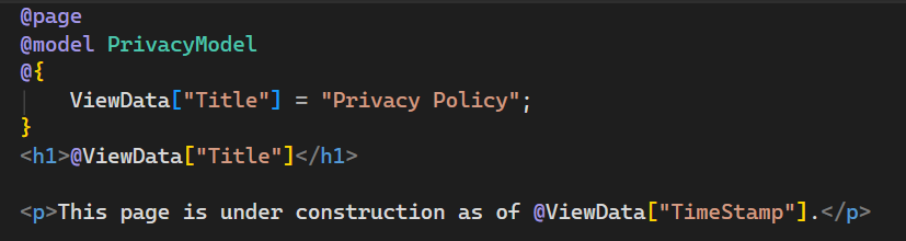 Captura de tela mostra o arquivo Privacy.cshtml aberto no editor do Visual Studio Code com o texto atualizado.
