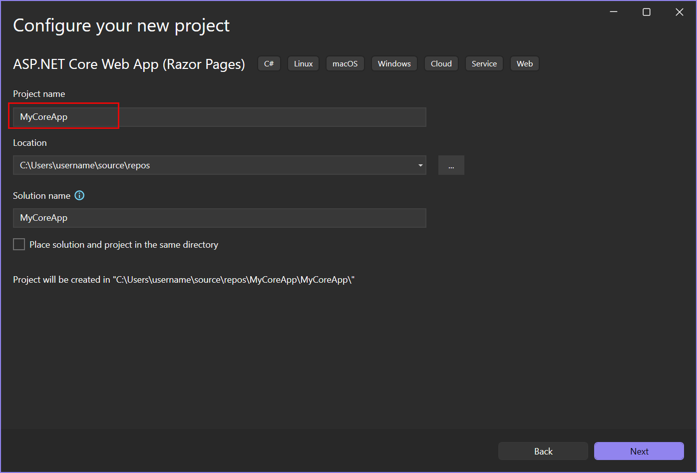 Captura de tela que mostra a janela Configurar seu novo projeto no Visual Studio com MyCoreApp inserido no campo Nome do Projeto.