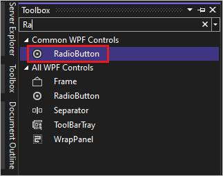 Captura de tela mostrando a janela Caixa de Ferramentas com o controle RadioButton selecionado na lista de Controles Comuns do WPF.