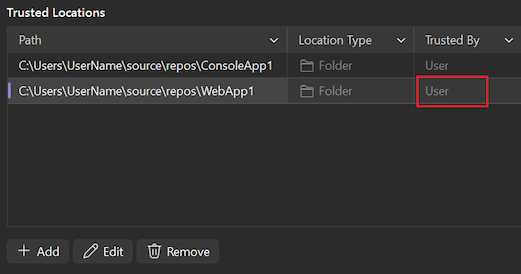 Captura de tela mostrando uma pasta adicionada à lista Locais Confiáveis com o Usuário confiável por configuração.