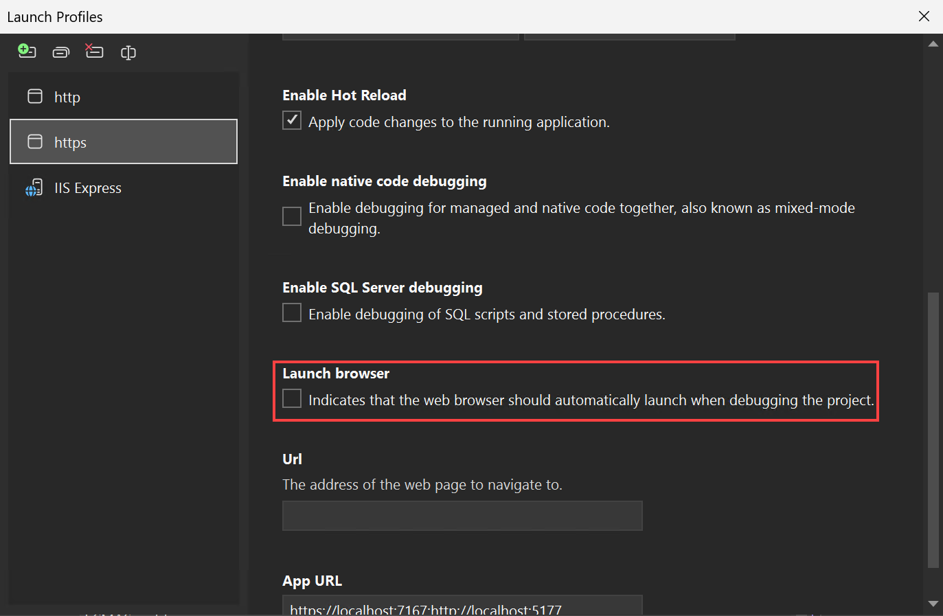 Captura de tela mostrando a UI dos perfis de inicialização de depuração.