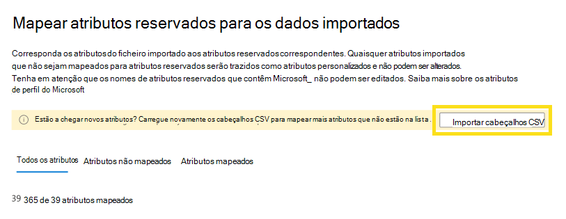 Captura de ecrã que mostra como importar cabeçalhos csv.
