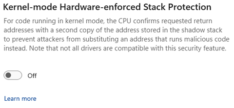 Captura de tela da alternância para ativar ou desativar a Proteção de Pilha Imposta por Hardware no Modo kernel.