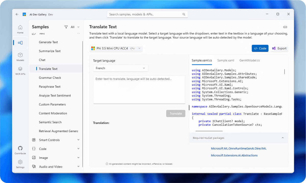 Uma captura de tela do AI Dev Gallery aplicativo exibindo o código-fonte de um exemplo de Tradução de Texto