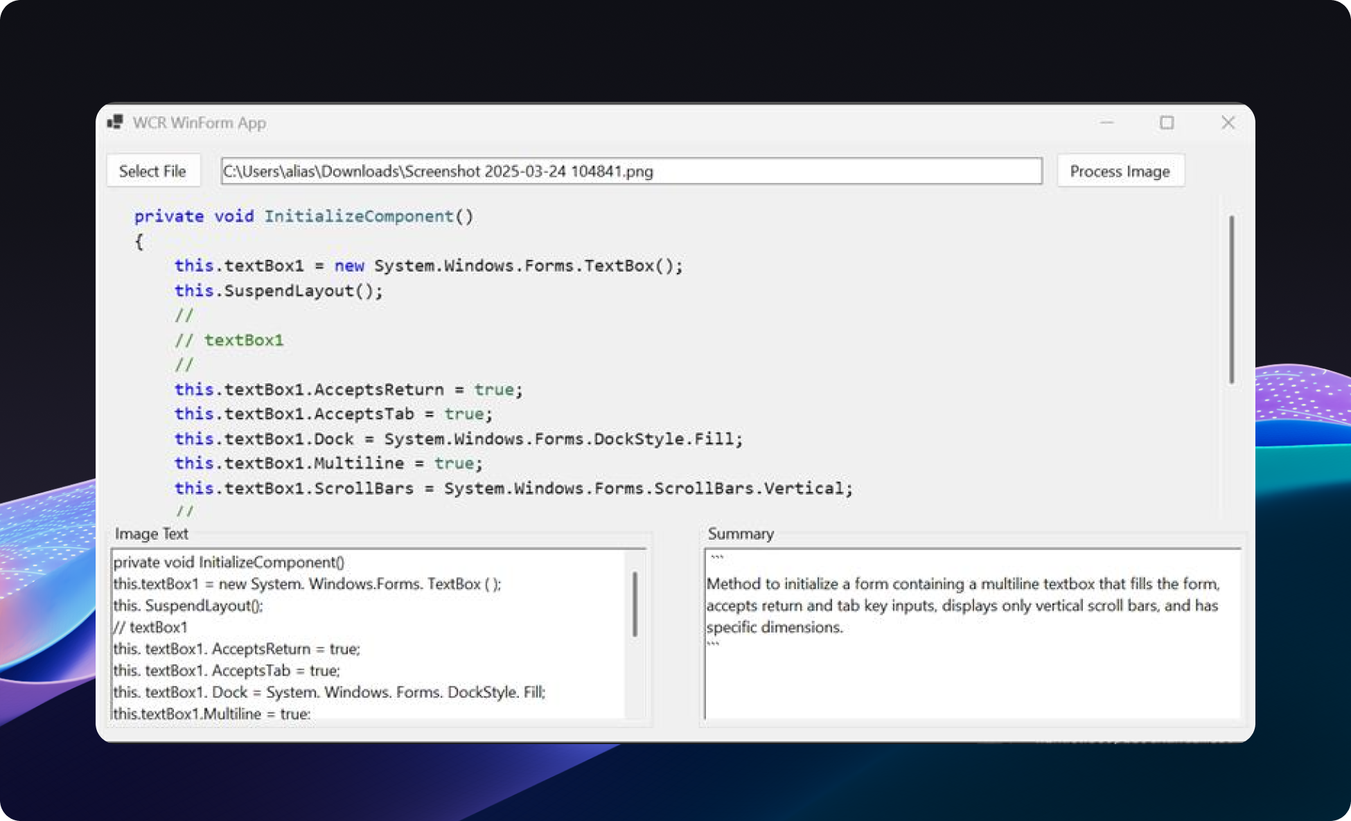 Aplicativo de exemplo depois de capturar o texto da imagem (exibido na caixa inferior esquerda) e resumir o texto da imagem (exibido na caixa inferior direita).