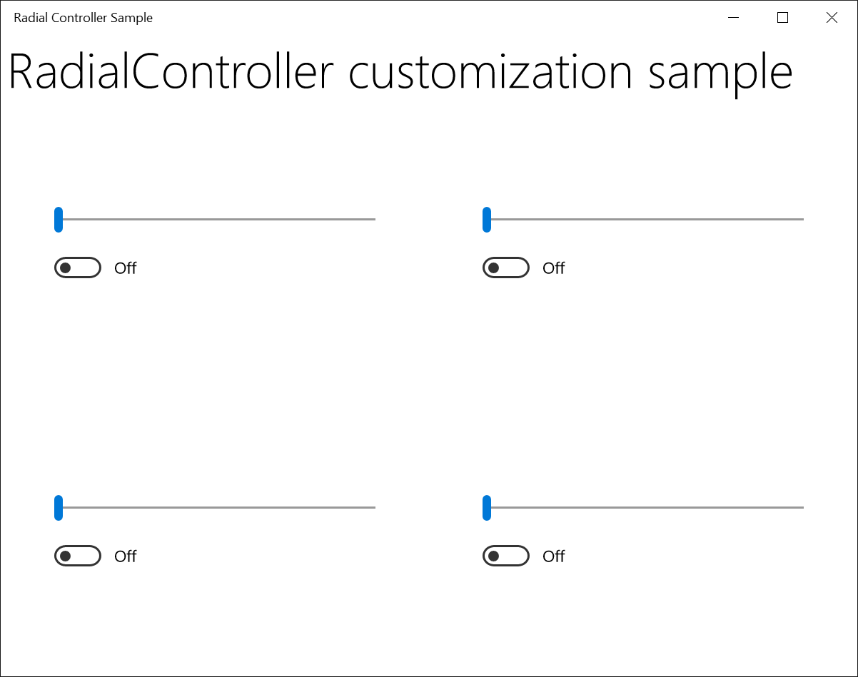 Captura de tela de Exemplo de Controlador Radial com quatro controles deslizantes horizontais posicionados à esquerda.