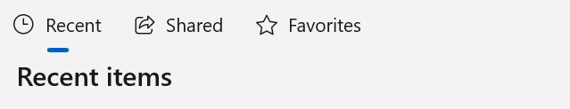 Barra de seletores com nós Recentes, Compartilhados, Favoritos. O nó Recente é selecionado, conforme indicado por uma linha azul sob o texto.
