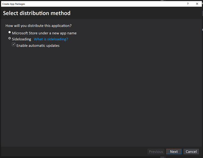 Janela de diálogo Criar seus pacotes exibida com Sideloading