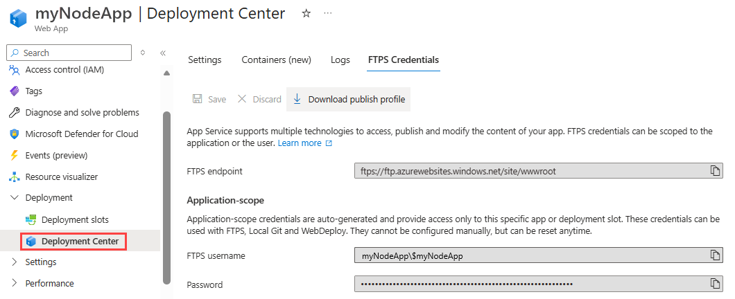 Captura de tela que mostra a guia Credenciais de implantação FTPS.