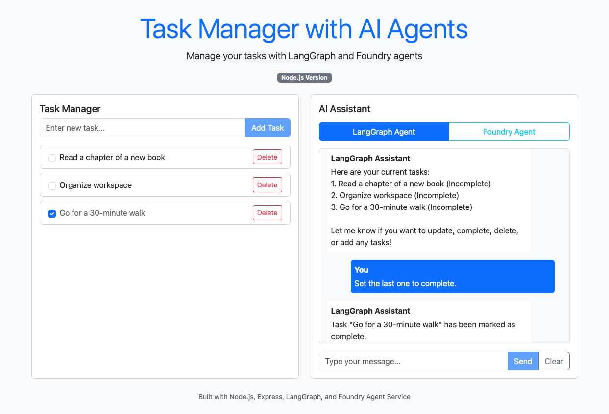 Captura de tela de uma sessão de conclusão de bate-papo com um agente LangGraph.