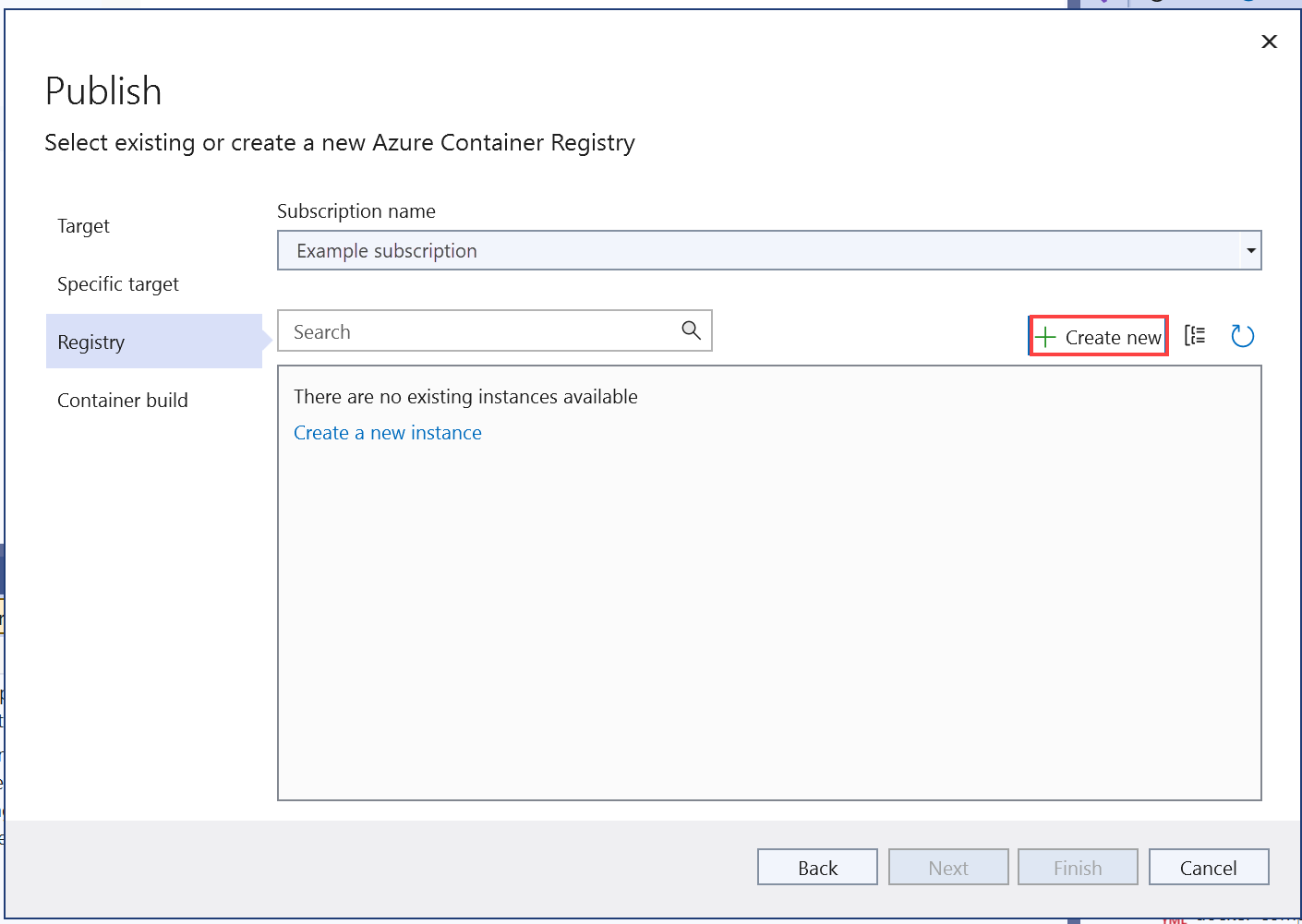 Captura de tela que mostra a janela Publicar. O botão Criar novo é realçado.