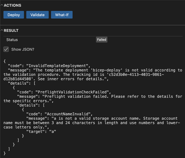 Captura de ecrã do erro de validação do painel de implementação no Visual Studio Code.