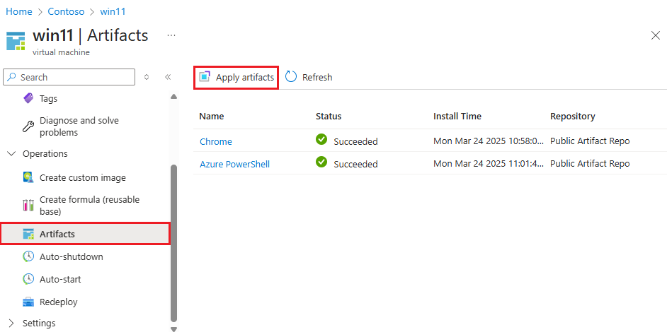 Captura de tela que mostra o painel Artefatos de uma VM existente.
