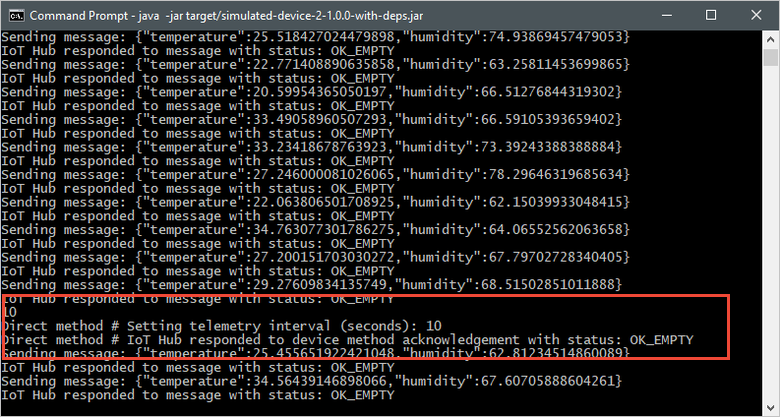 Captura de tela de uma janela de terminal que mostra o resultado da mensagem direta e a saída atualizada do aplicativo do dispositivo simulado.
