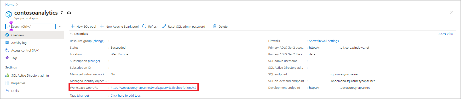 Uma captura de tela da visão geral do espaço de trabalho Synapse do portal do Azure com a URL da Web do Espaço de Trabalho realçada.