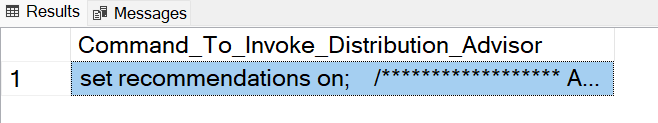 Captura de tela da saída de um resultado T-SQL mostrando o Command_to_Invoke_Distribution_Advisor.