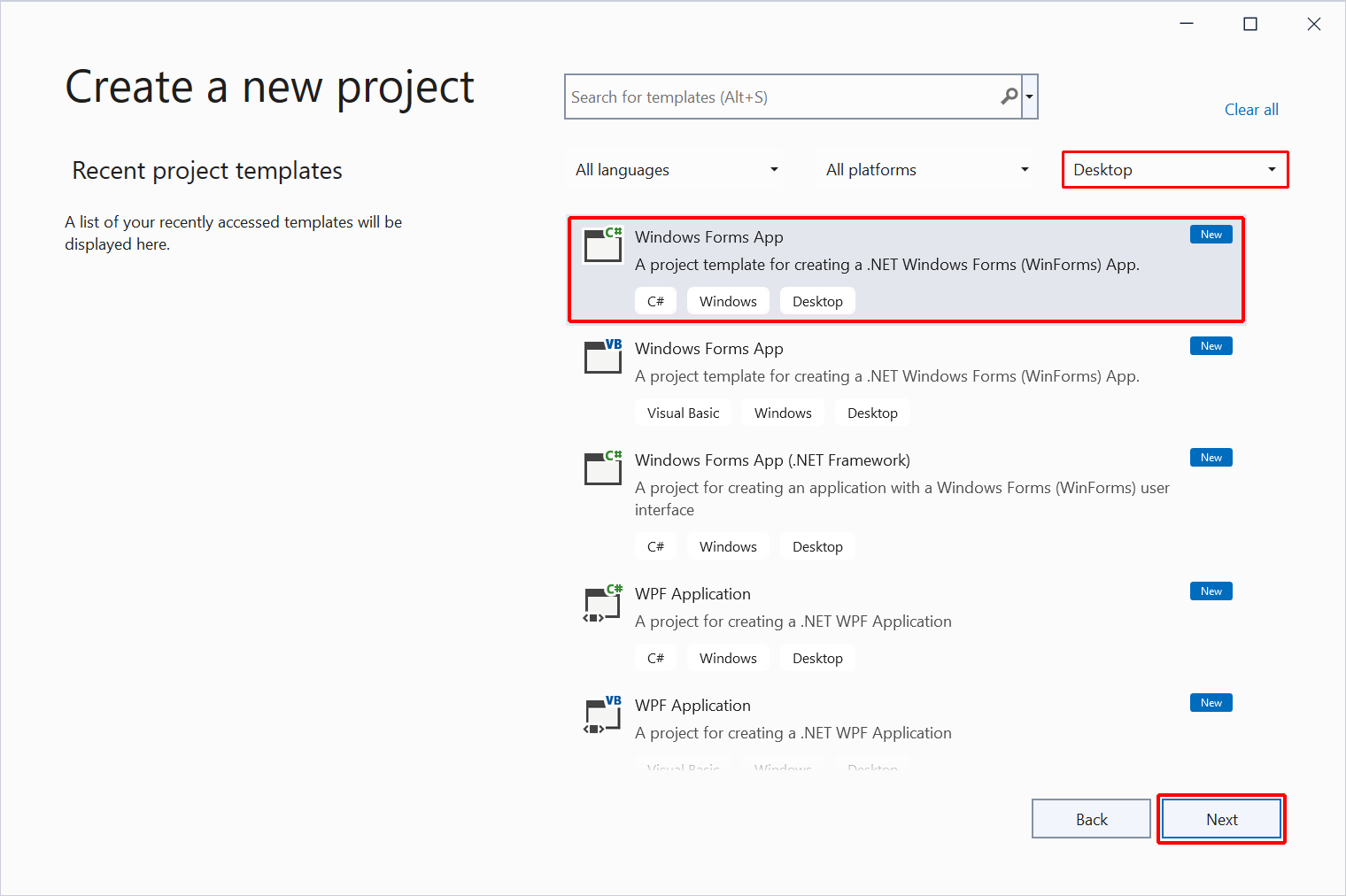 Crie um novo projeto no Visual Studio.