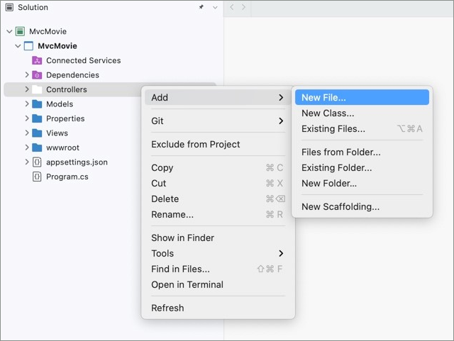 Menu contextual para adicionar um controlador