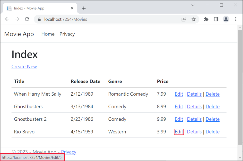 Janela do navegador com rato sobre o link Editar e uma URL do link é mostrada https://localhost:5001/Movies/Edit/5
