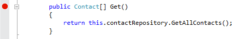 Colocando um ponto de interrupção no método Get do controlador de API Colocando um ponto de interrupção no método Get do controlador de API