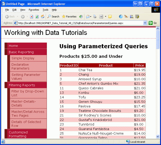 Apenas os produtos menores ou iguais a $25.00 são exibidos