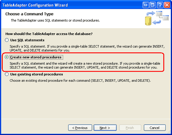Instrua o Assistente TableAdapter para criar o procedimento armazenado para nós