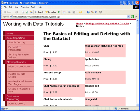 Os nomes e preços dos produtos são exibidos em uma Two-Column DataList
