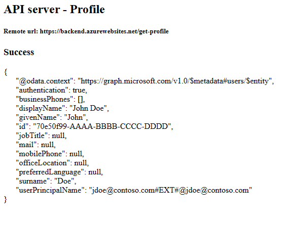 Captura de tela do navegador da Web mostrando o aplicativo frontend depois de obter com sucesso o perfil real do aplicativo backend.