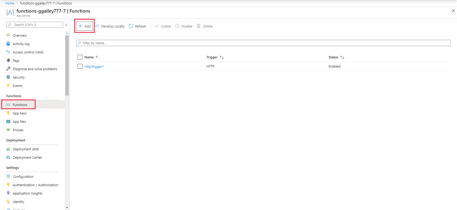 Adicione uma função no portal Azure.