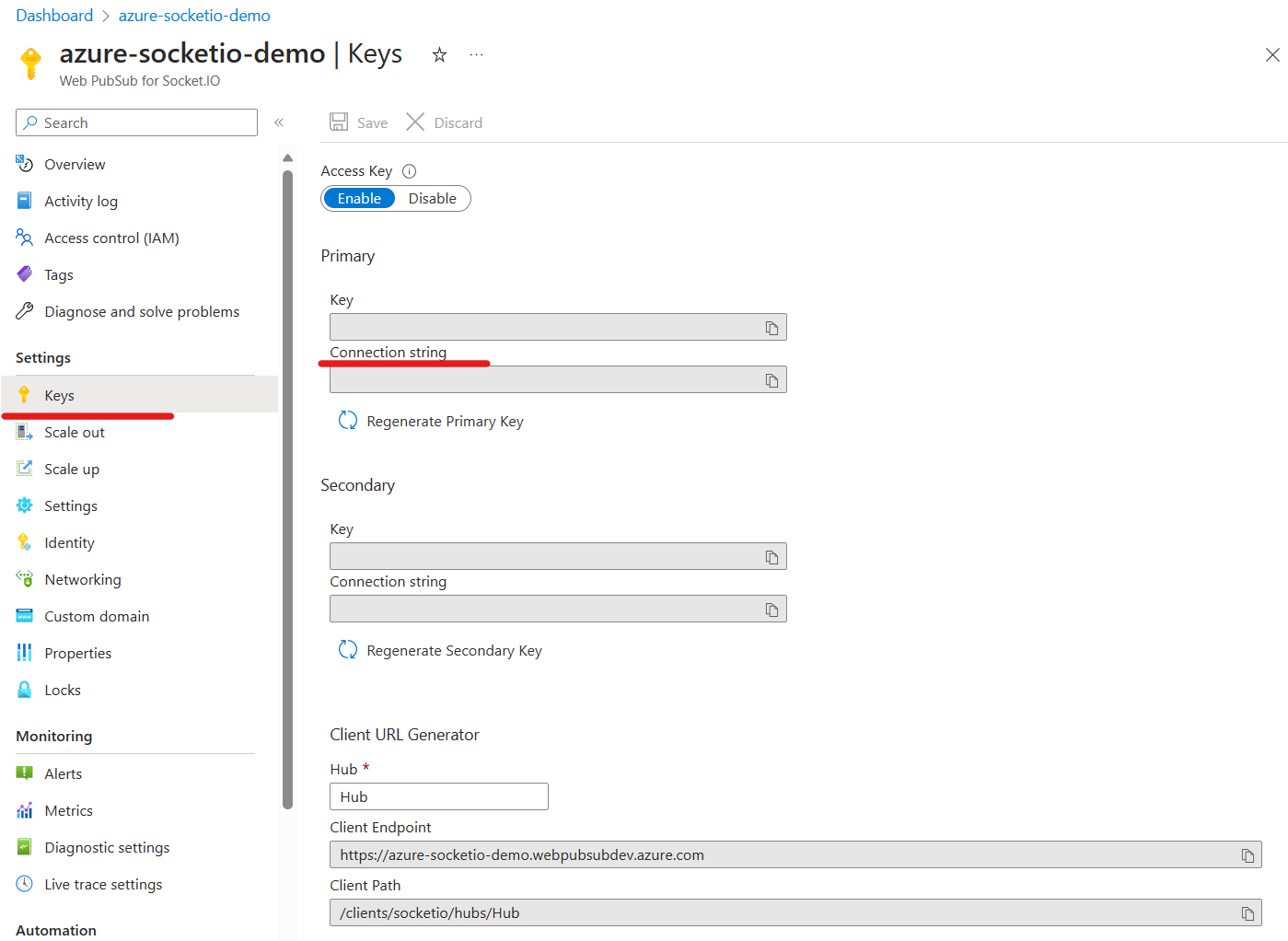Captura de ecrã do serviço Web PubSub para Socket.IO na folha da cadeia de ligação do portal do Azure.