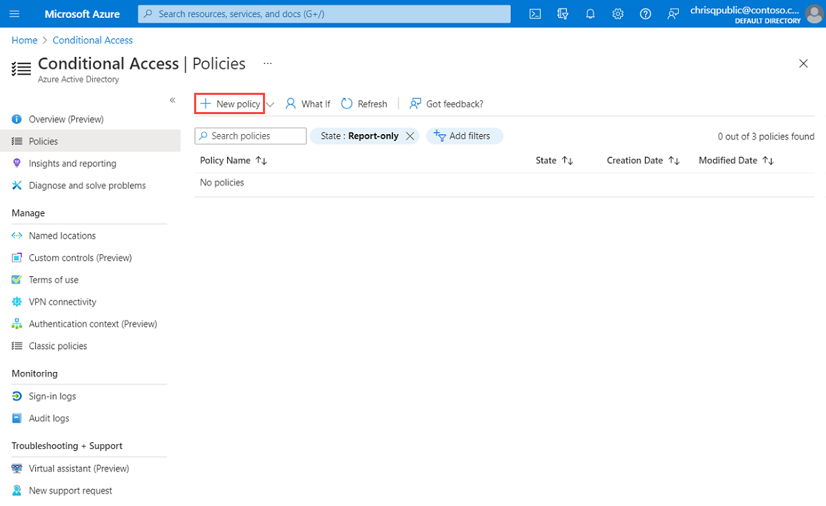 Captura de ecrã da página Segurança, mostrando o separador Acesso Condicional.