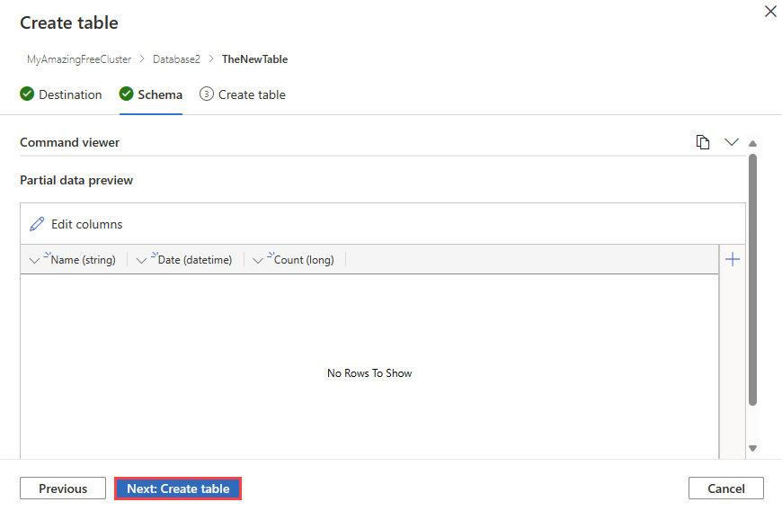 Captura de ecrã do assistente de criação de tabela vazia com entrada de esquema no Azure Data Explorer.